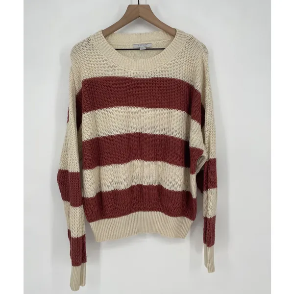 Favlux Fashion Cream Rust Striped Crew Neck Sweater Size L Acrylic Chunky Knit - Image 2