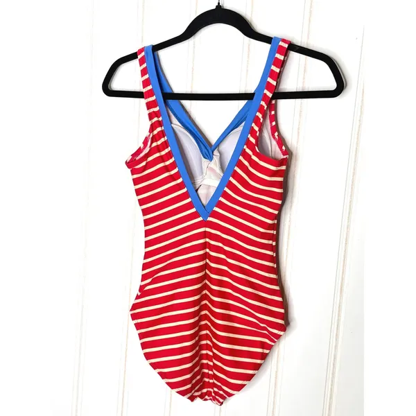 Boden Red White Striped One Piece Swimsuit Blue Trim Twist Front US 6 UK 10 - Image 3