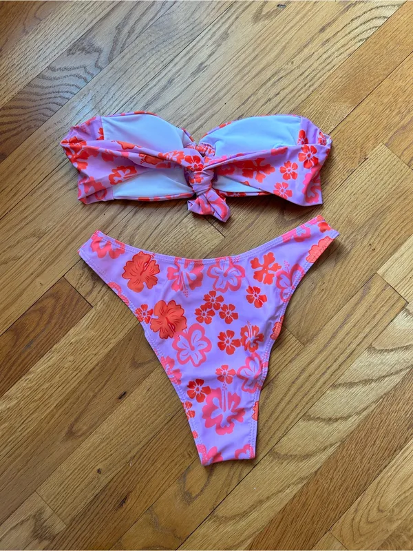 Floral Pink & Orange Bandeau Bikini Set - Image 2