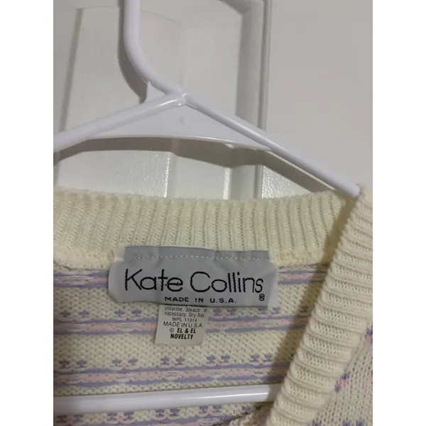 Kate Collins Sweater Vintage Teddy Bear Pastel White Knit‎ Crewneck 90s Kidcore - Image 3