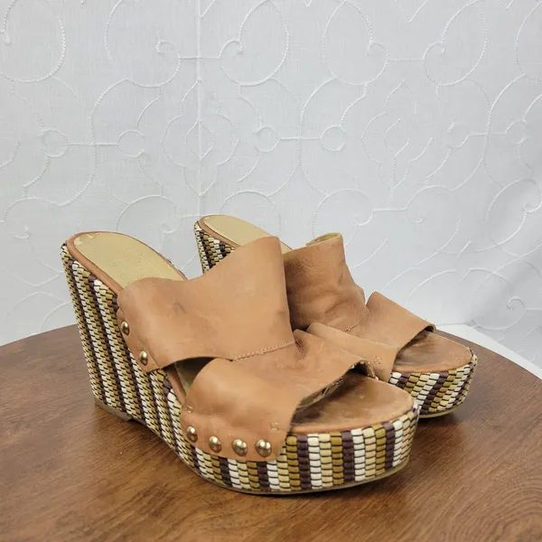 Nine West Womens Jaimy Sandals 7 Tan Leather Open Toe Cork Platform Wedge Heels - Image 10