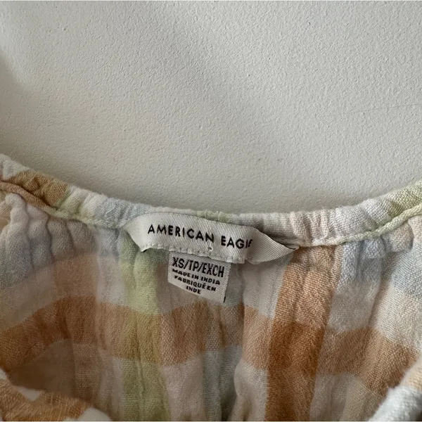 American Eagle Plaid Pastel Earth Tones‎ Smocked Bubble Crop Top - Image 6