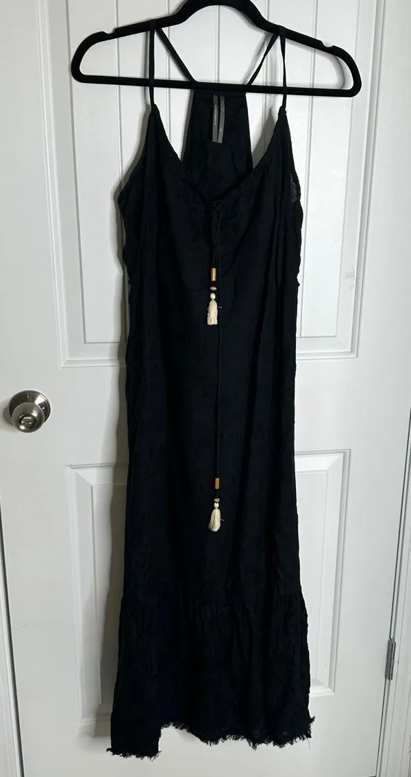 Anthropologie black linen maxi dress size XS ruffle oversize vacation minimalist - Image 3