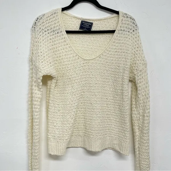 Abercrombie & Fitch Cream Chunky Knit Long Sleeve Sweater Womens S Crochet Boho - Image 4