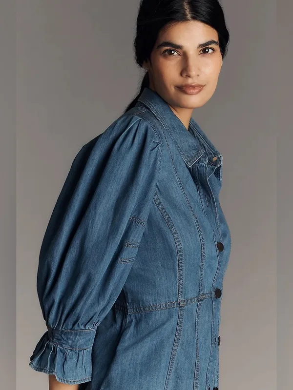 By Anthropologie Puff-Sleeve Denim Buttondown Shirt Size Small - Image 3