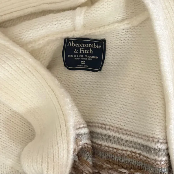 ABERCROMBIE & FITCH Fair Isle Hooded Long Cardigan Sweater Cream Fairisle XS - Image 10