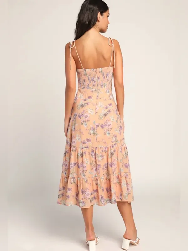 Lulus women’s Started With a Kiss Orange Floral Print Tie-Strap Tiered Dress L - Image 8