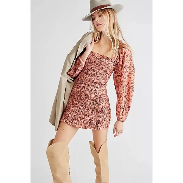 Free People Smock It To Me Mini Dress Apricot Combo Small Boho Fall Cottagecore - Image 2