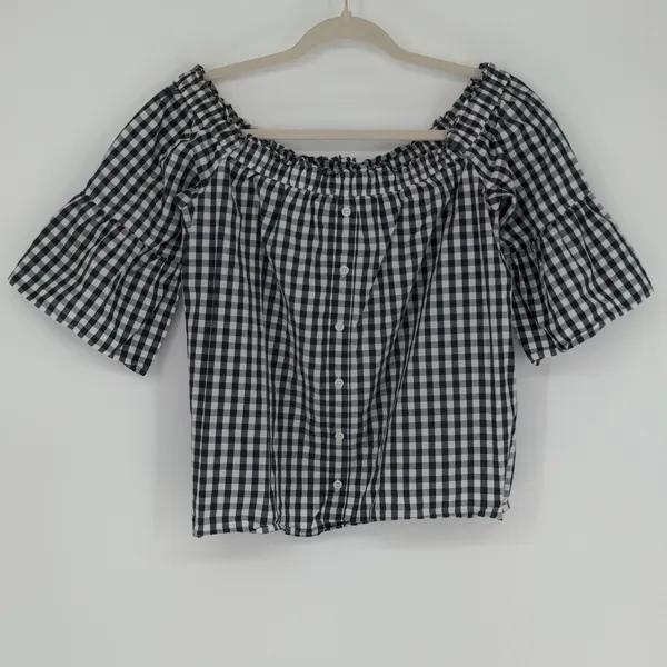 Abercrombie & Fitch Top Women’s S Black White Gingham Off Shoulder Bell Sleeve - Image 2