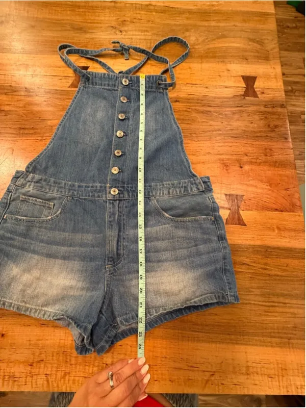 American Eagle Denim Romper Shortalls Halter Neck Button Front Blue Medium - Image 10