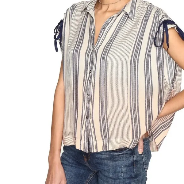 Free People Ombré Baby Blue Striped Button-Down Shirt with Tie Sleeves - Image 12
