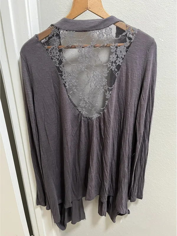 Y2K Eyeshadow Long Gray Lace Trim Open Front Cardigan Sz M - Image 3