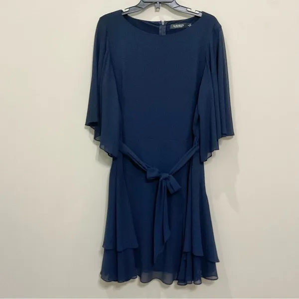 Lauren Ralph Lauren Cocktail Dress Mandie Navy Blue Ruffled Knee-Length Sz 14 - Image 2