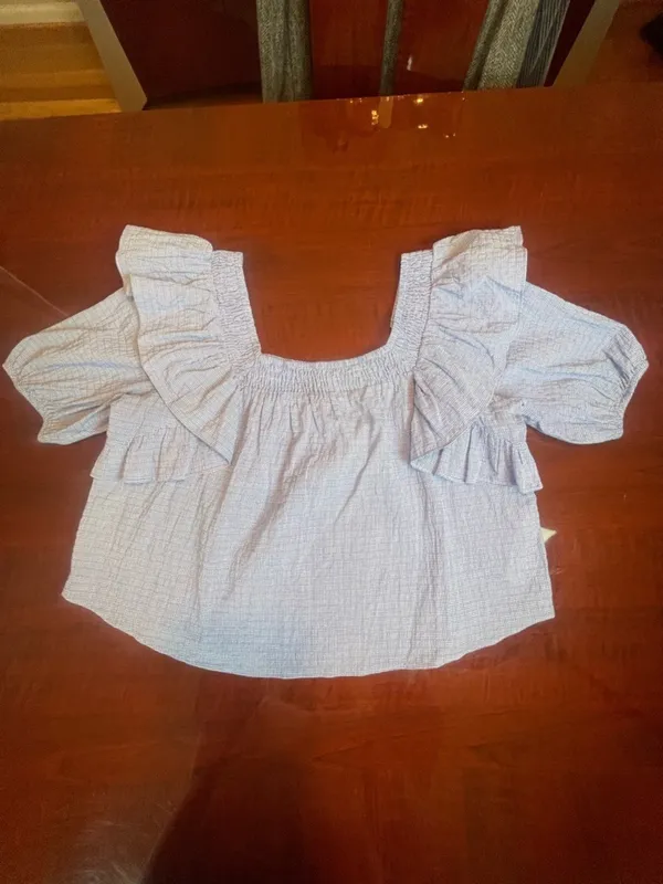 Zara Blue Gingham Ruffle Smocked Blouse XL Cotton Coquette Coastal Picnic Top - Image 9