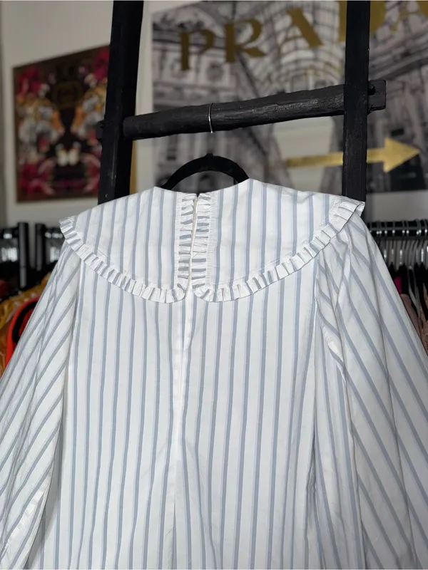 Ganni Blue White Stripe Balloon Sleeve Mini Dress Peter Pan Collar EU 38 US 6 - Image 11