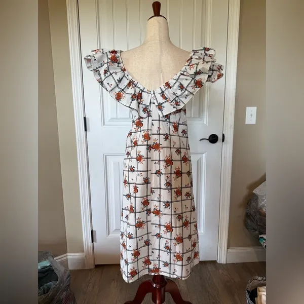 Zara Floral‎ Grid Print Ruffle V-Neck Midi Dress White Orange Small - Image 3