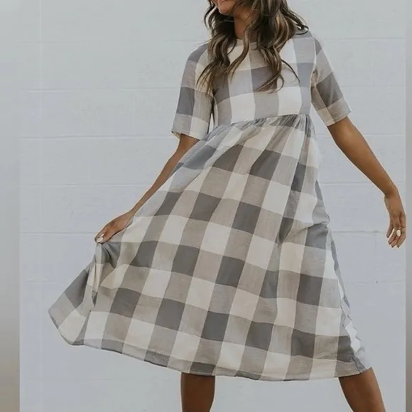 Roolee Gray Buffalo Check plaid gingham Maddie midi maxi dress L - Image 7