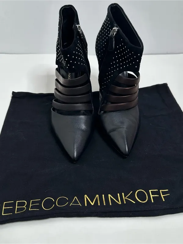 Rebecca Minkoff Caesar Studded Heels Black Leather & Suede Size 8 - Image 5