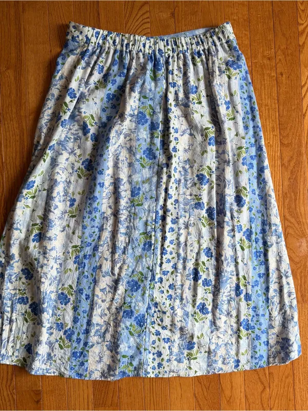 LC Lauren Conrad Blue Floral Stripe Button Front Midi Skirt Elastic Waist Medium - Image 3