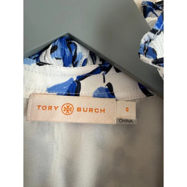 Tory Burch Shirt Dress Belted Sz 0 Blue White Floral Pleated Ruffle High Neck - Image 10