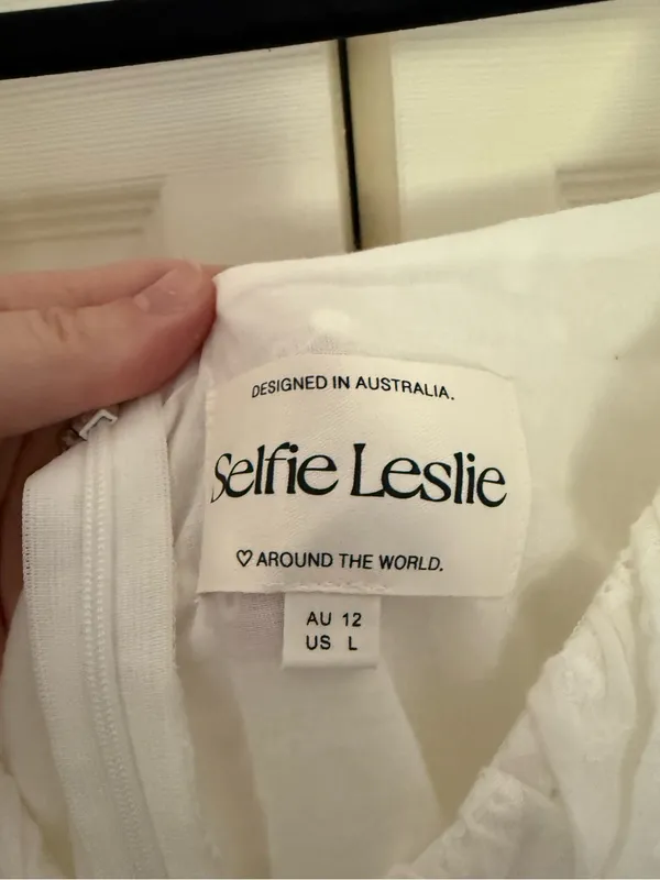 Selfie Leslie Hayden Puff Sleeve Eyelet Embroidery Dress White Sun Dress Size L - Image 5