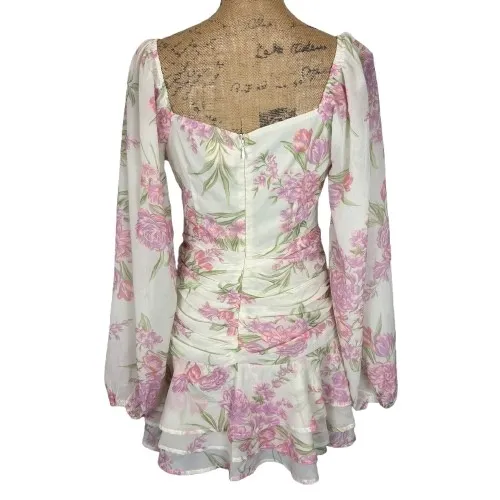 Showpo White Pink Floral Long Sleeve Mini Dress Ruched Waist Coquette Size 6‎ - Image 4