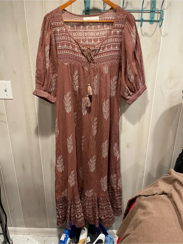 Daughters of India Mishka floral cocoa tassel metallic thread maxi dress boho - Image 9