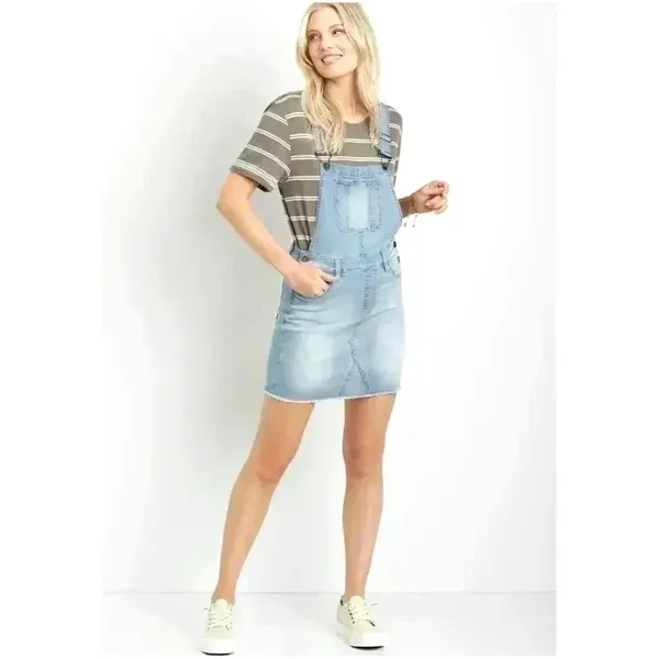KanCan Denim Overall Mini Dress Women S Light Wash Frayed Hem Coastal Y2K Boho - Image 3