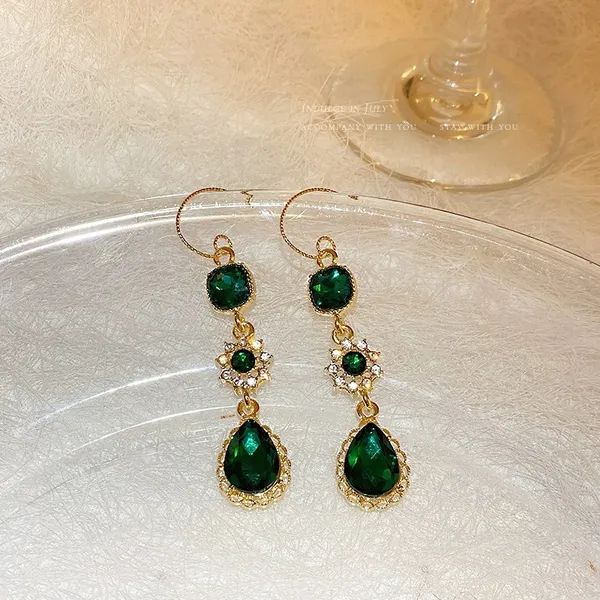 Elegant green crystal long dangle drop earrings for women - Image 2