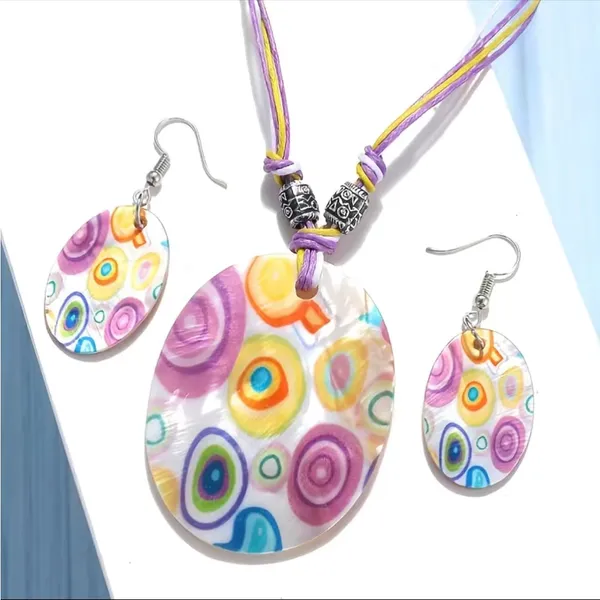 Natural Shell Necklace &‎ Earrings 3pcs Set Colorful Printed - Image 2