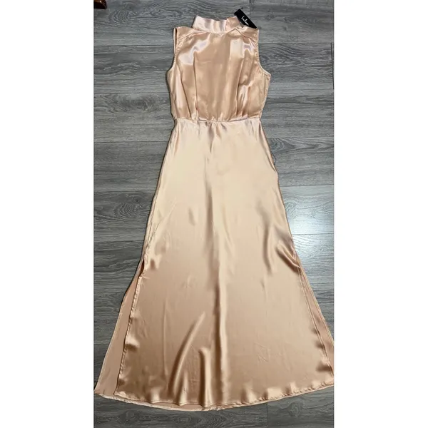 New Lulus Maxi Dress S Champagne Satin Mock Neck Sleeveless Side Slit Prom Gala‎ - Image 11