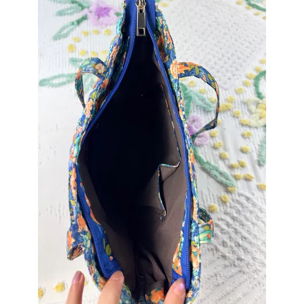 Blue‎ Floral Quilted Cotton Tote Bag Zippered Shoulder Bag with Pockets - Image 8