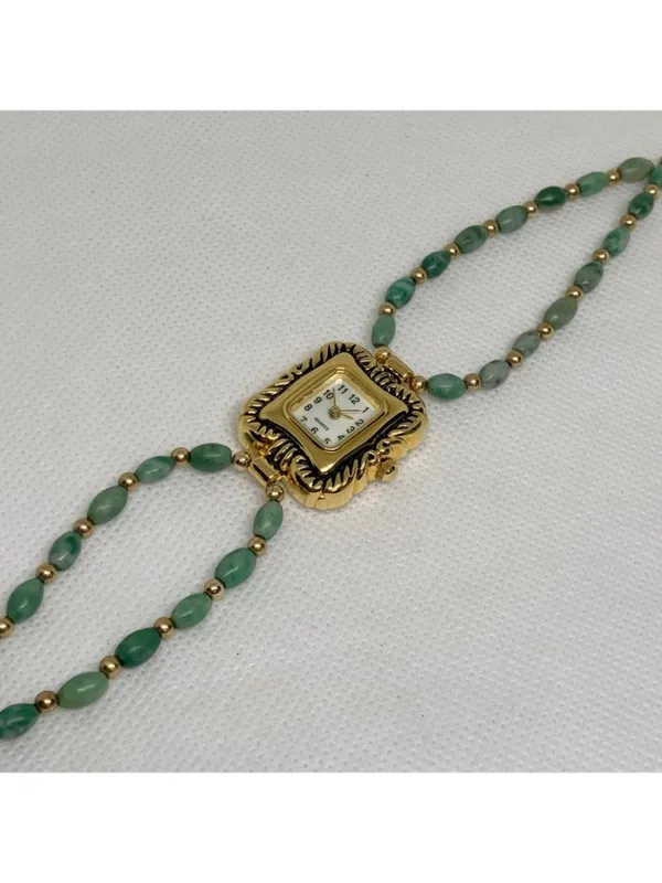 Women’s watch 21mm case quartz analog green gold tone beaded bracelet 7” running - Image 3