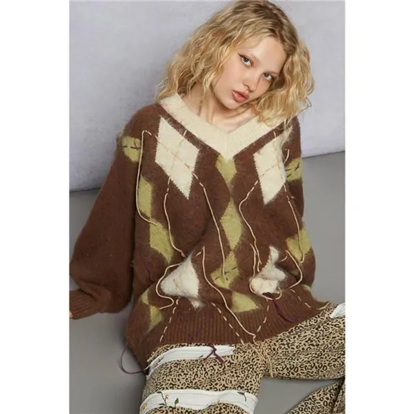POL V-Neck Argyle Pattern Mohair Sweater with‎ Contrast Exposed Stitch Detail - Image 6