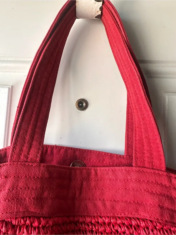 American Eagle Red Raffia Straw Tote Bag Woven Beach Summer Boho Handbag - Image 5