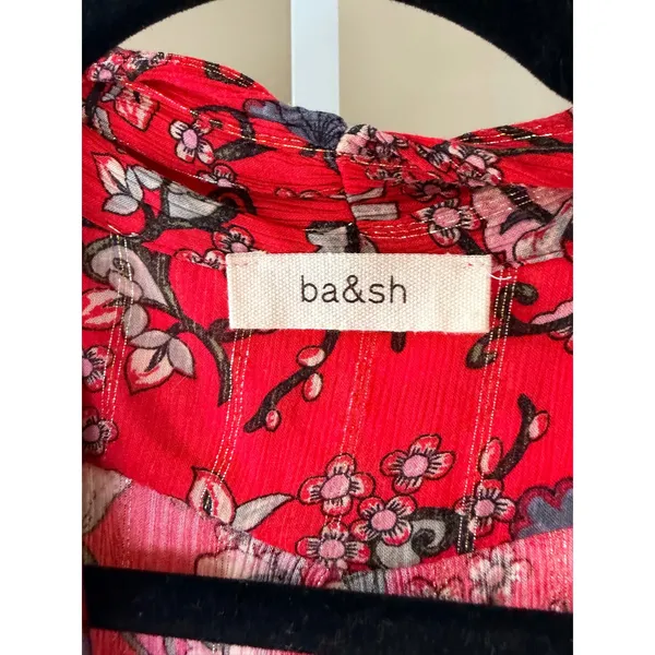 ba&sh Red Floral Lurex Midi Dress‎ V-Neck Front Slit Small - Image 4