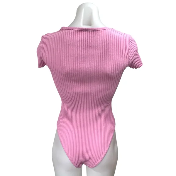Zara Women's Pink Rib Knit Short Sleeve Sweetheart Neck Stretch Bodysuit Top M - Image 2