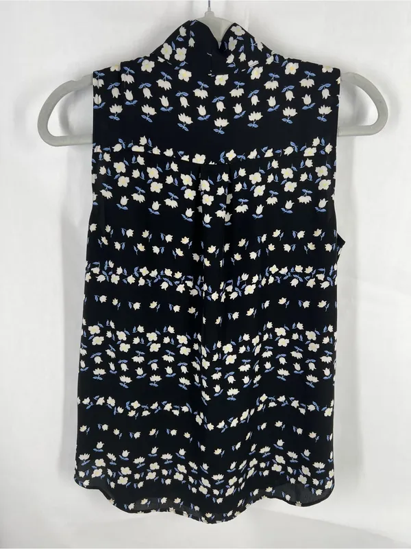 Ann Taylor Floral Tie Neck V-Neck Sleeveless Blouse Black Size S - Image 7