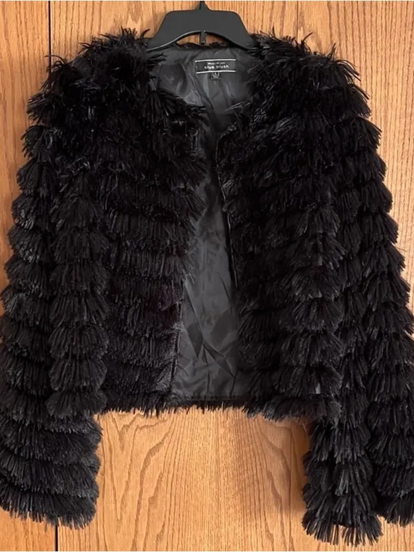 Blue blush Bambi faux fur fringe black jacket NWOT size small - Image 2