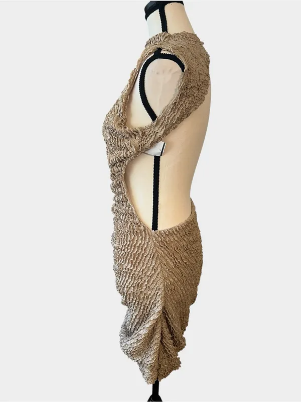 NWT Babyboo Aphrodite Beige Textured Ruched Open Back Mini Dress M - Image 5