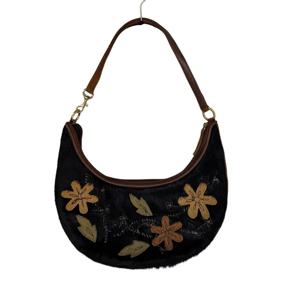 Floral Embroidered Pony Hair Crescent Hobo‎ Bag Black Brown Leather Strap Boho - Image 2