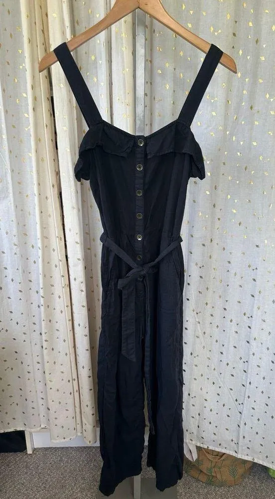 Billabong Ruffled Square Neckline Button Front Self Tie Belt Pockets Jumpsuit M - Image 4