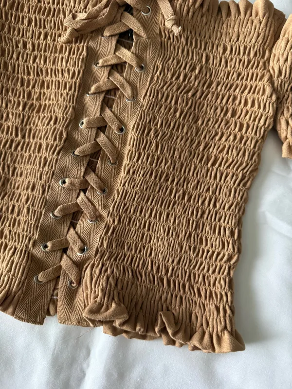 Camel Brown Off-Shoulder Lace-Up Crop Top - Image 4