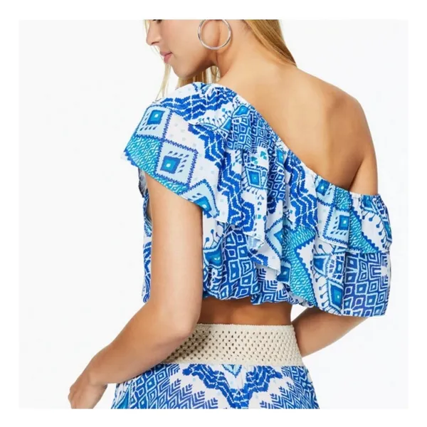 NWT RAMY Brook Milo Blue Printed Off The Shoulder Cropped Top Large Ruffle - Image 14