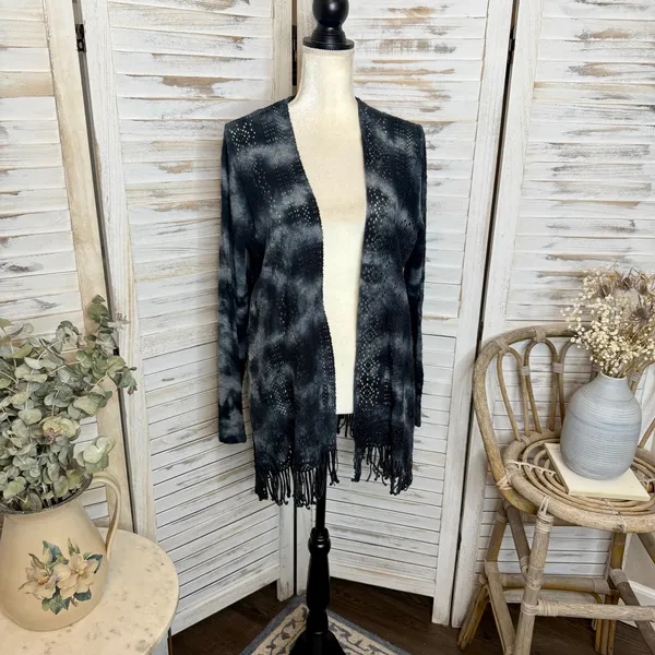 XCVI Women's L Cotton Fringe Open Crochet Knit Cardigan Sweater Bleached Tie Dye - Image 4
