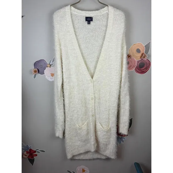 American Eagle Creamy Ivory Longline Tunic Cardigan Sweater - Size - Medium - Image 5
