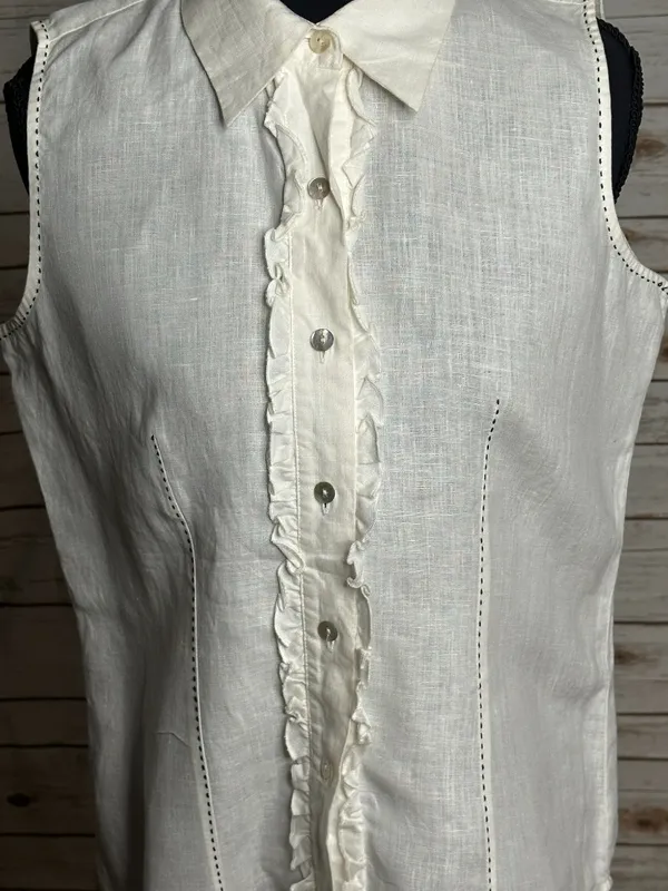 edward white sleeveless ruffle front 100% Irish linen button-up blouse Small - Image 3