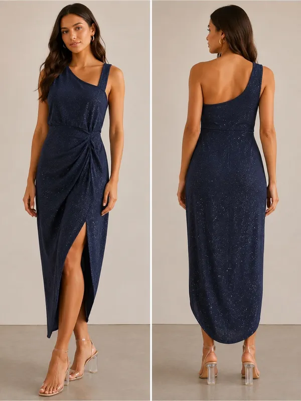 SHEIN Navy One-Shoulder Glitter Draped Midi Dress - Image 2