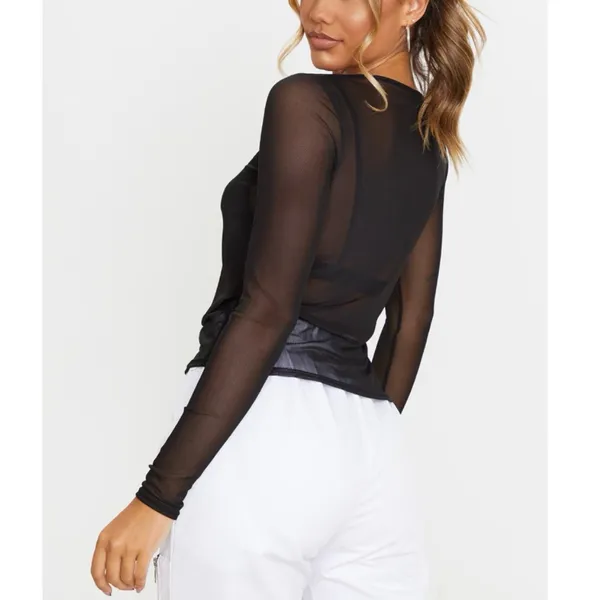 New Pretty Little Thing Weekend In New York Mesh Long Sleeve Top Black Size 10 - Image 2