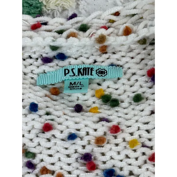 P.S. Kate Confetti Pom Pom Open Front Cardigan Cream Multi Knit Sweater M/L - Image 7